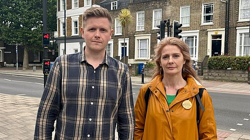 Cllr Victor Chamberlain and Cllr Rachel Bentley on Southwark Park Road where a council home is to be sold off